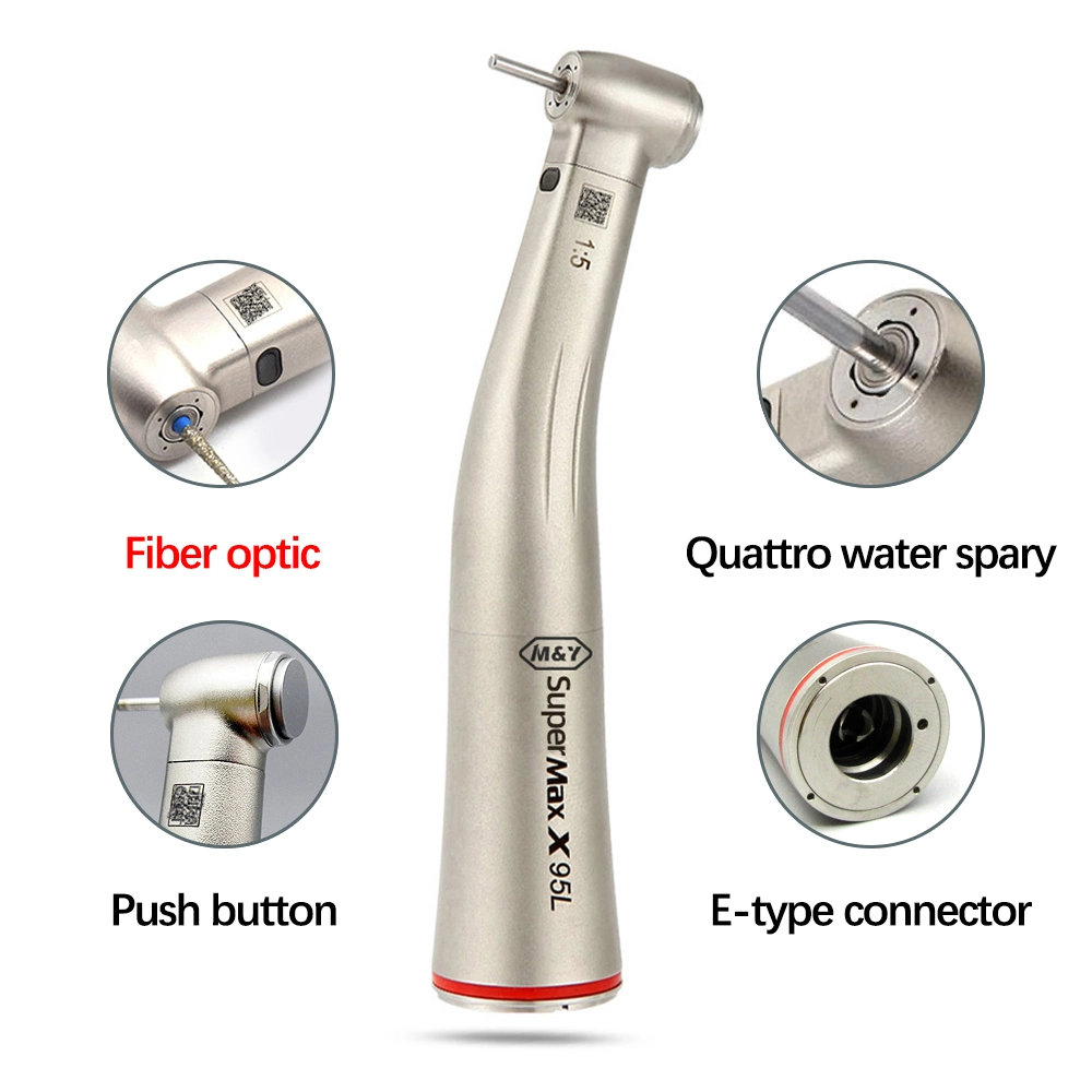 Dental Contra Angle Handpiece Standard Head Push Button 1: 5 Increasing Speed with Fiber Optic Red Ring X95L Turbine