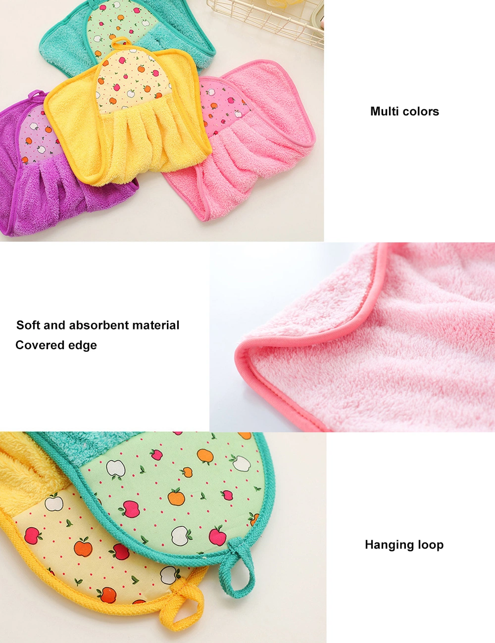 Custom Printing High Water Absorption Coral Fleece Kids Microfiber Bathroom Hand Towel Hanging Kitchen Towel Washable Reusable Cleaning Rags