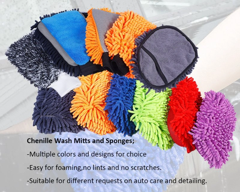 Hot Selling Microfiber Chenille Car Wash Clean Sponge Cleaning Brush Pad with Elastic Band