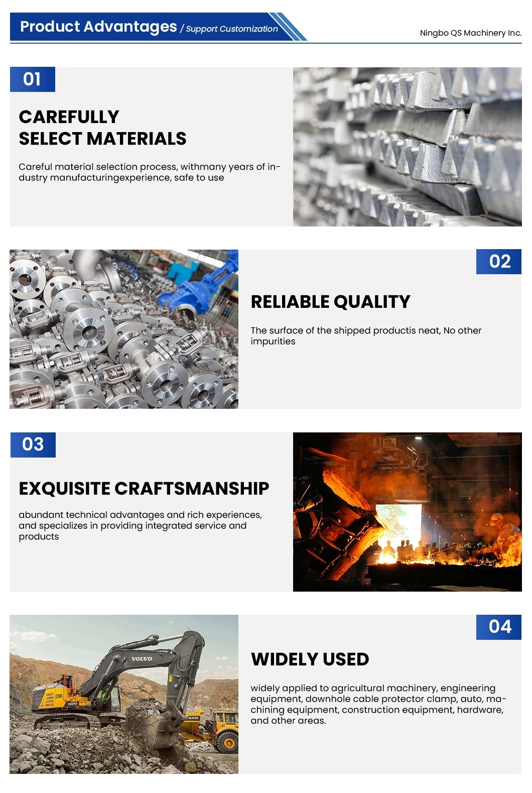 QS Machinery Cast Metals Inc ODM Casting Gate Design Processing Services China Steel Metal Parts Investment Casting Parts for Agricultural Machinery