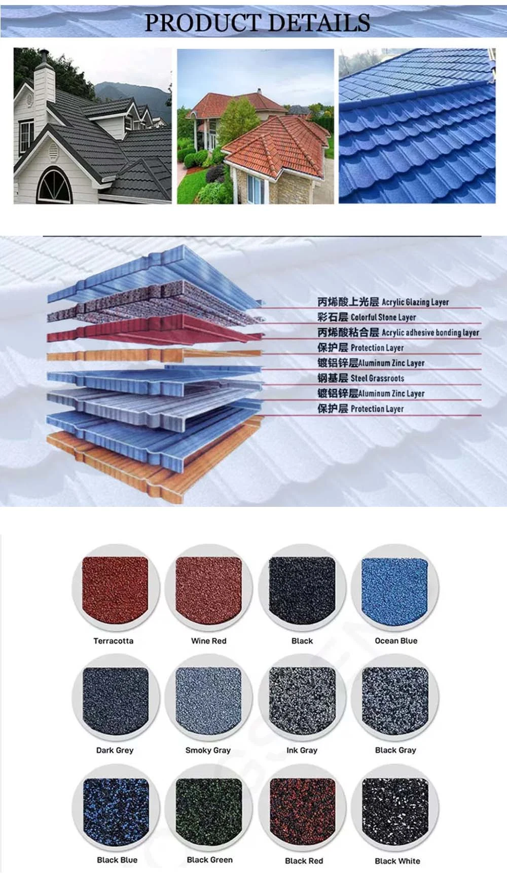 Color Stone Coated Metal Roof Tile 1290X370mm Sheets Tile Roof Stone Coated Metal Rooftile Price