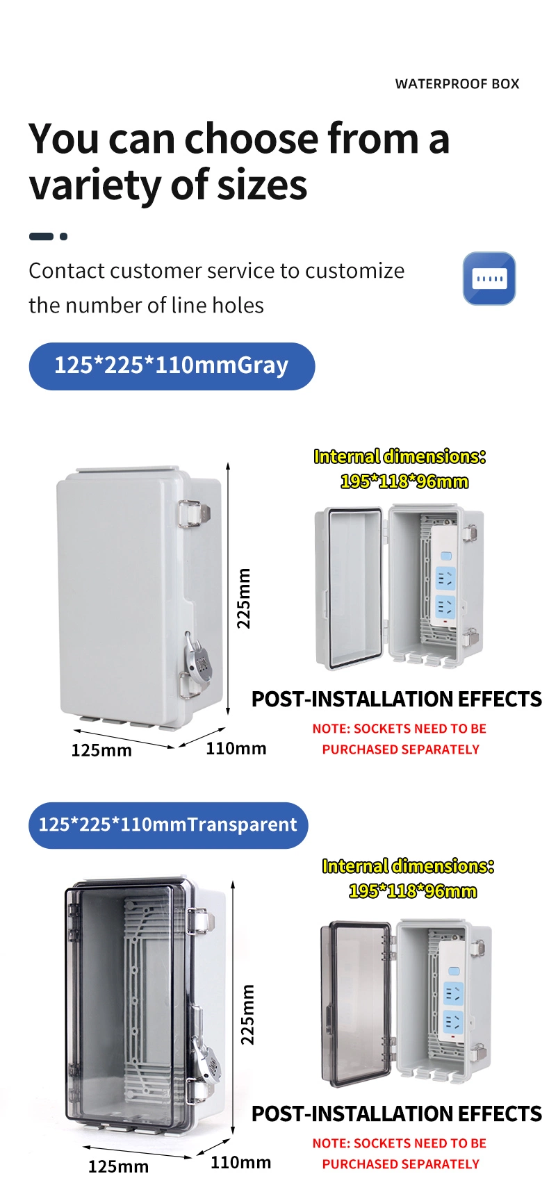 IP66 Weatherproof Connection Box Wall-Mounted Outdoor Electrical Power Cord Enclosure for Timers, Extension Cables, Power Strips Switching Power Supply Box