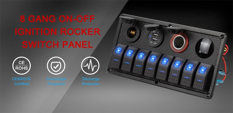 12V Marine Light Control Waterproof on off 8 Gang Rocker Switch Panel with Digital Voltage Display 3.1A Dual USB Power Charge
