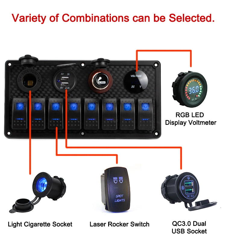 12V Marine Light Control Waterproof on off 8 Gang Rocker Switch Panel with Digital Voltage Display 3.1A Dual USB Power Charge