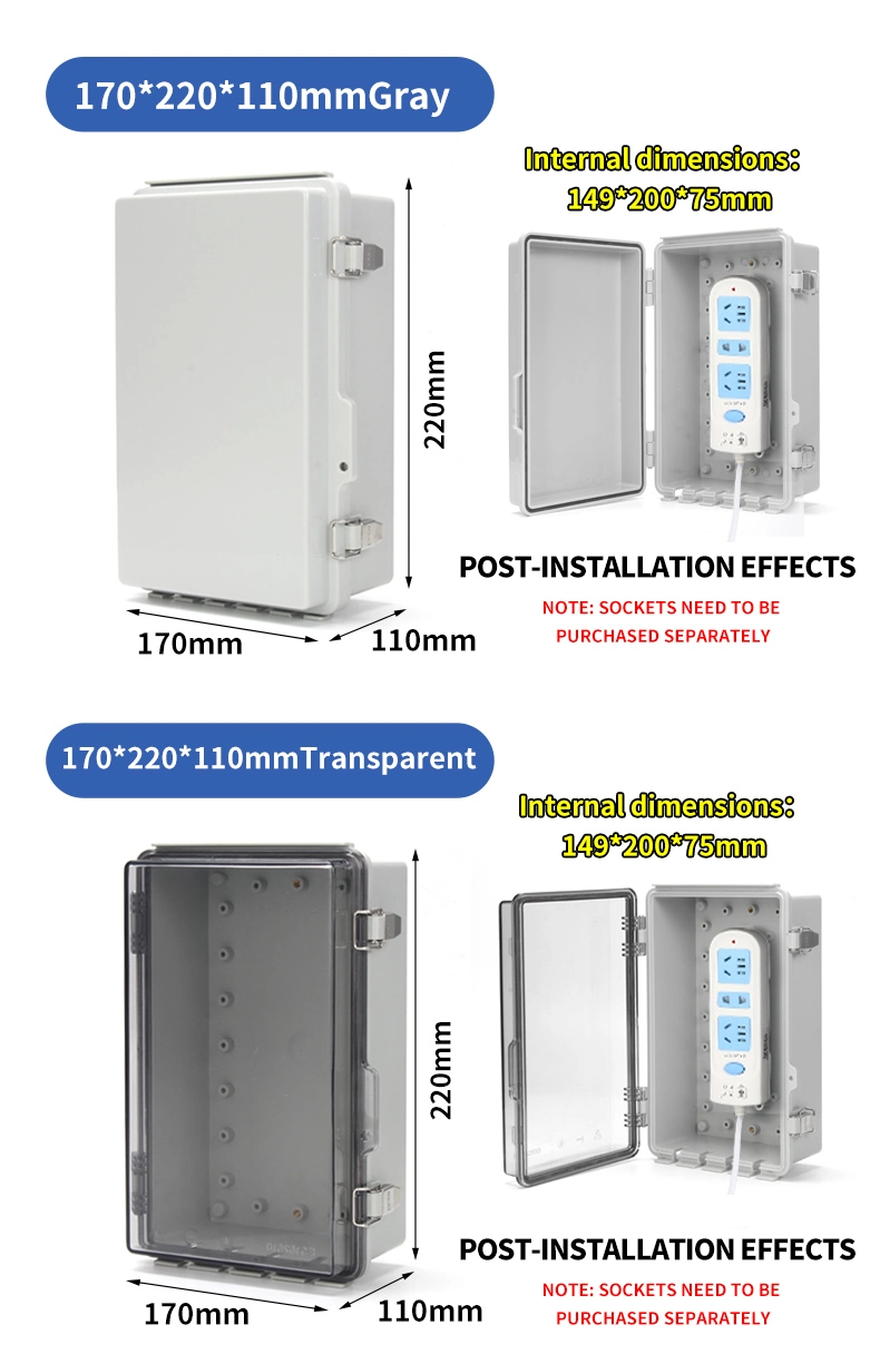 110*125*225mm Hinged Cover Stainless Steel Latch Power Junction Box, IP66 Waterproof DIY Electrical Enclosure, ABS Plastic