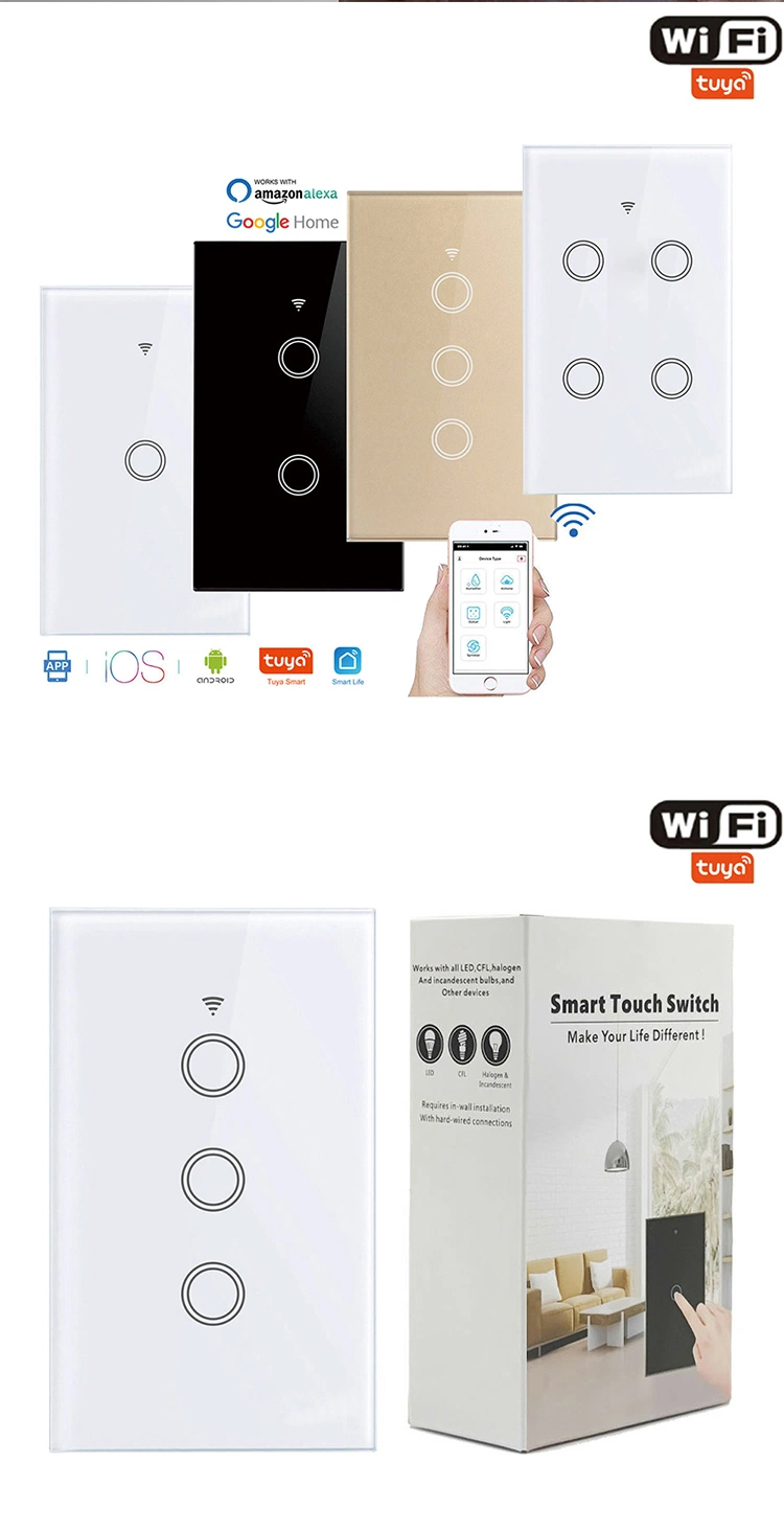 Us Standard 1to4 Gang Smart Touch Switch Golden Tempered Glass Panel WiFi Control Wholesale Price Factory Direct Supply