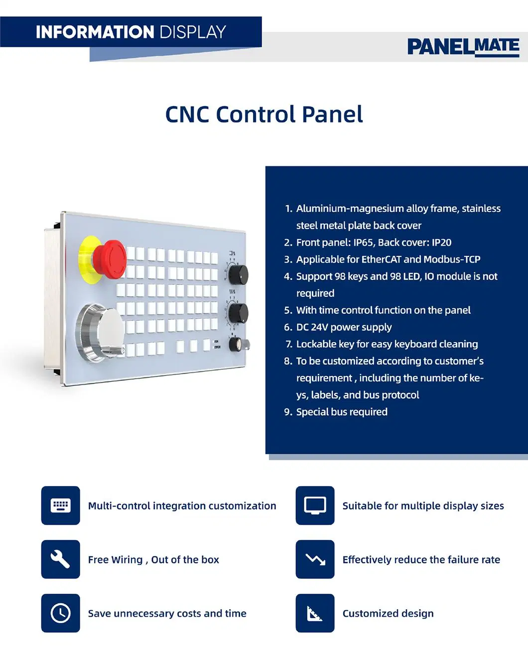 IP65 Waterproof Stainless Steel Rear Panel Mount Keyboards Industrial Keyboard Bus Control Panel CNC Control Panel