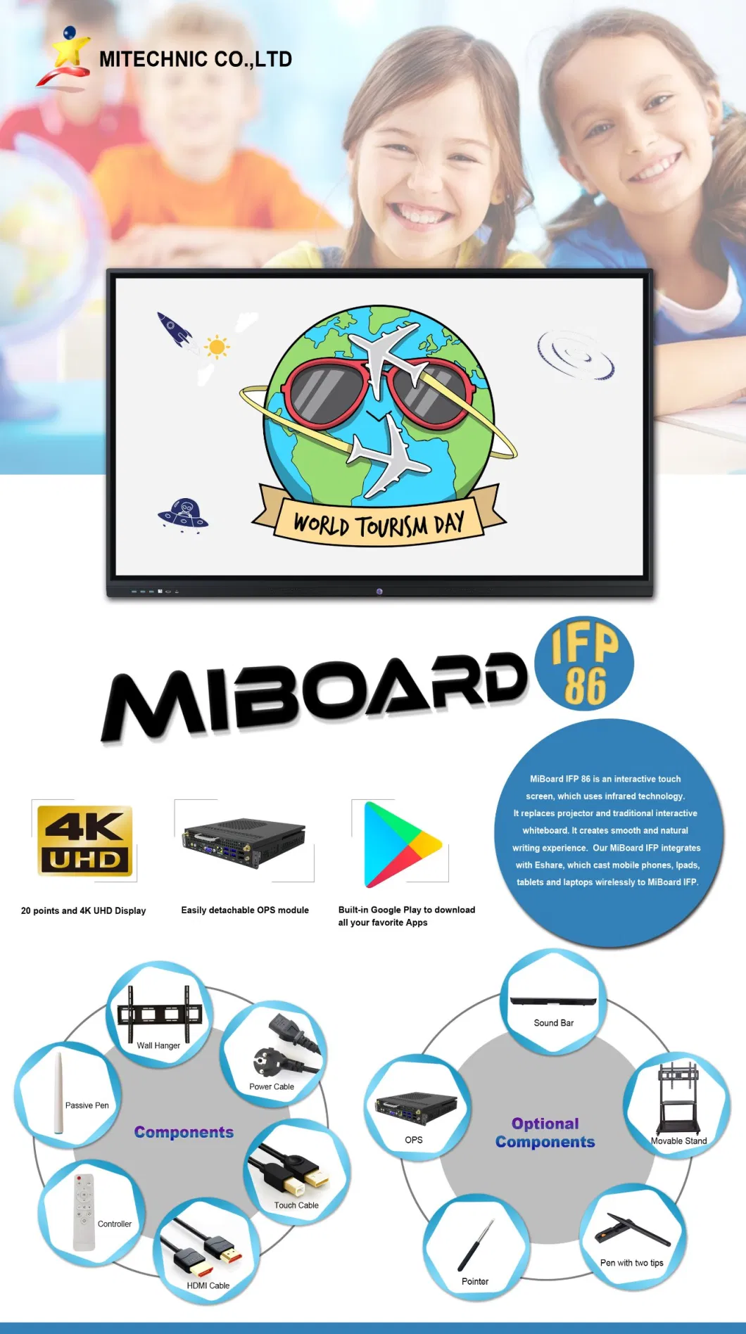 Miboard 75 Inch Display Touch Screen Flat Panel 4K UHD Smart Portable Electronic Whiteboard Interactive White Board for School
