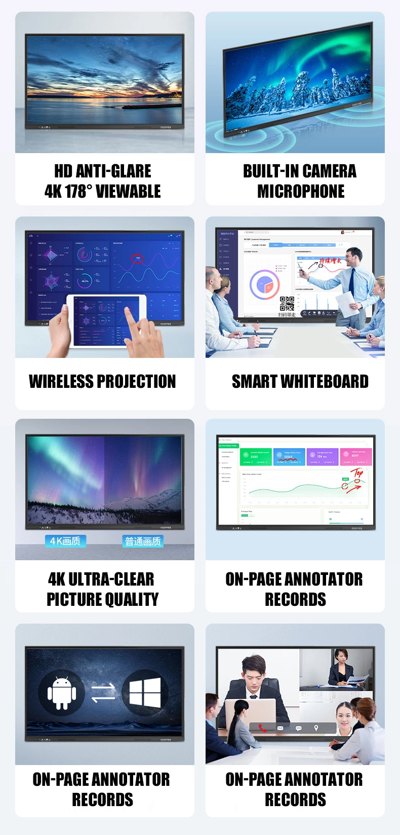 65 75 Inch Display Touch Screen Flat Panel 4K HD Smart Portable Electronic Whiteboard Interactive White Board for School