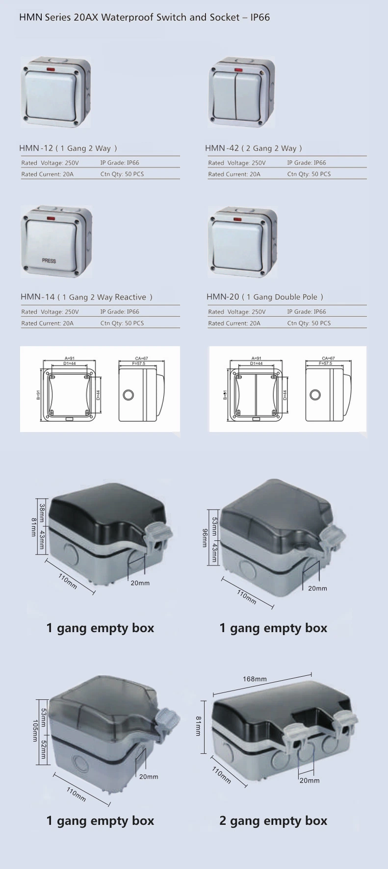 IP66 Outdoor Waterproof Electrical Junction box for 2 Gang EU UK Type Weatherproof Wall Switch And Socket
