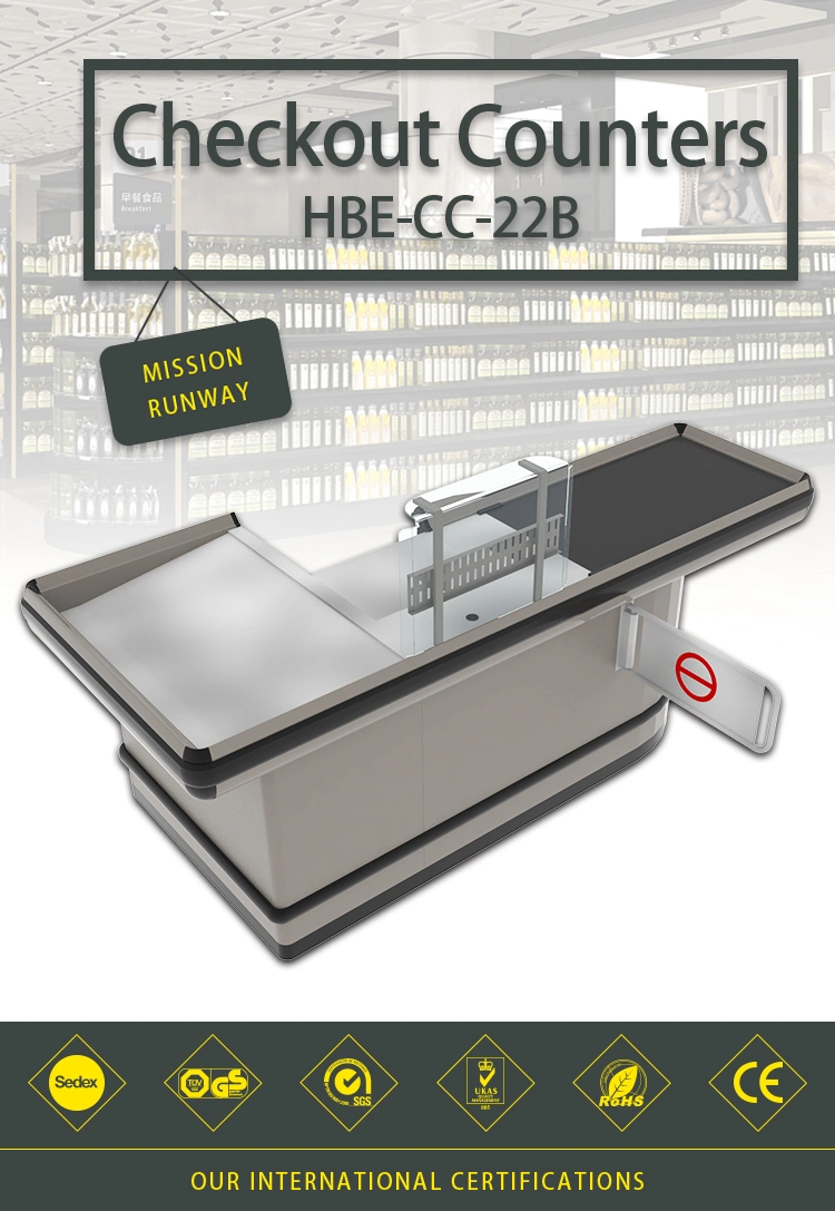 Supermarket Design Retail Cash Register Table Checkout Counter Cashier Desk with Conveyor Belt for Sale