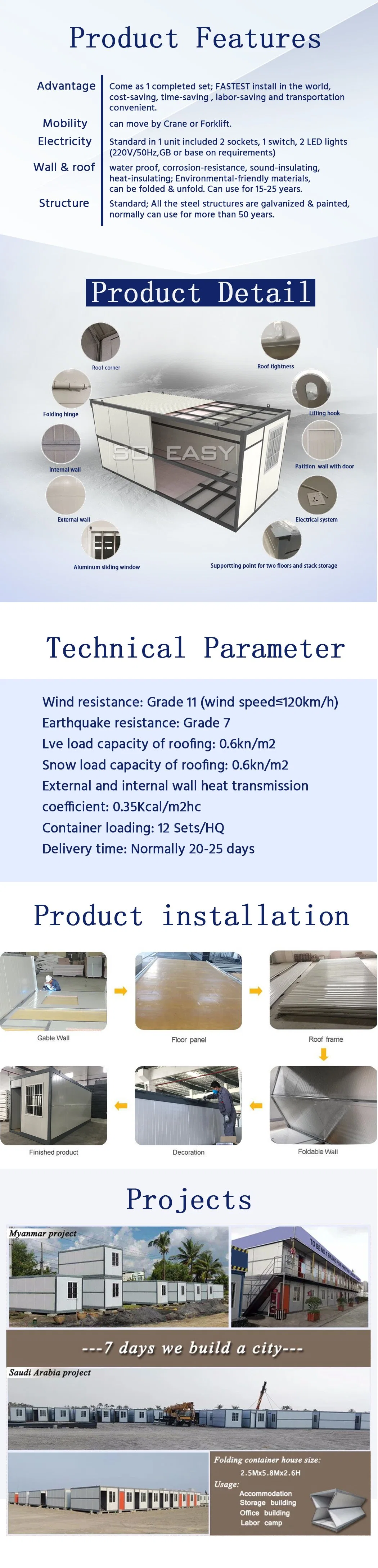 Steel Structure Sandwich Panel for Wall Folding Container House with Electrical System