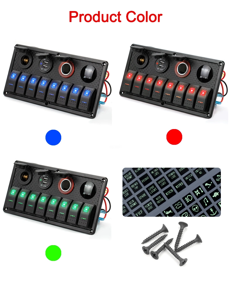12V Marine Light Control Waterproof on off 8 Gang Rocker Switch Panel with Digital Voltage Display 3.1A Dual USB Power Charge