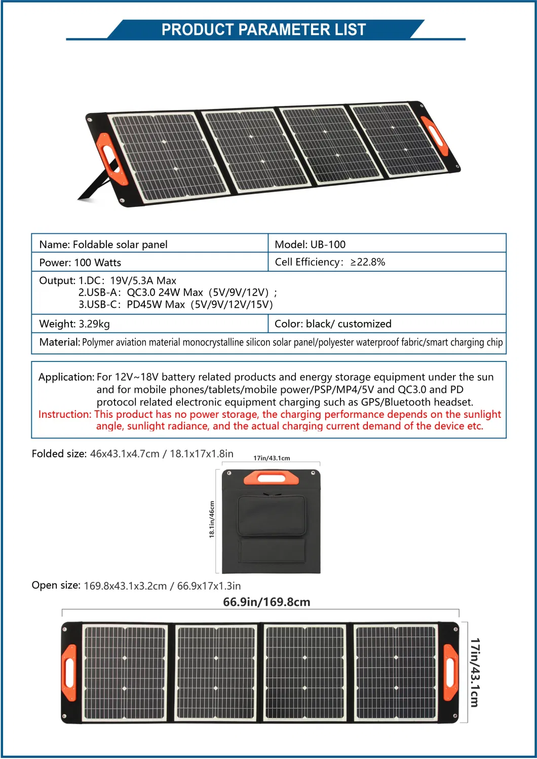 100W Solar Folding Photovoltaic Panel Portable Outdoor Mobile Power Charging Board
