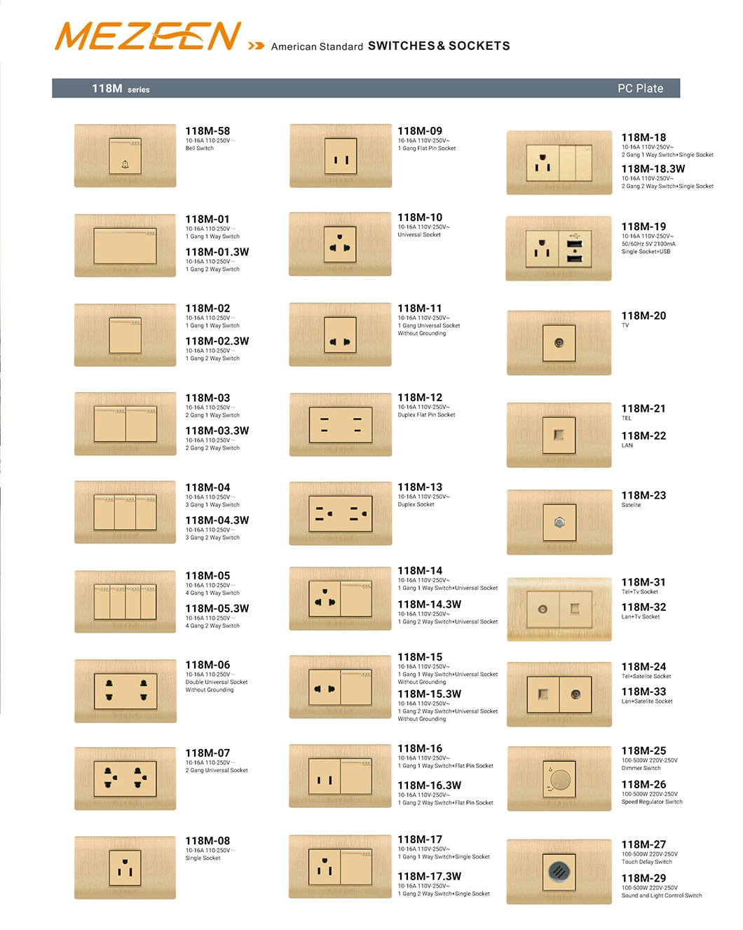 110V-250V Gold Panel Cover 4 Gang 1way/2way Lights Control Wall Switch