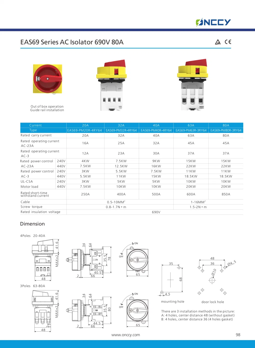 Onccy Quality AC 415V 690V 63A 80A Waterproof Isolator Switch