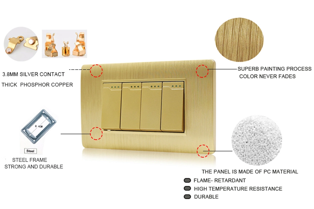 110V-250V Gold Panel Cover 4 Gang 1way/2way Lights Control Wall Switch