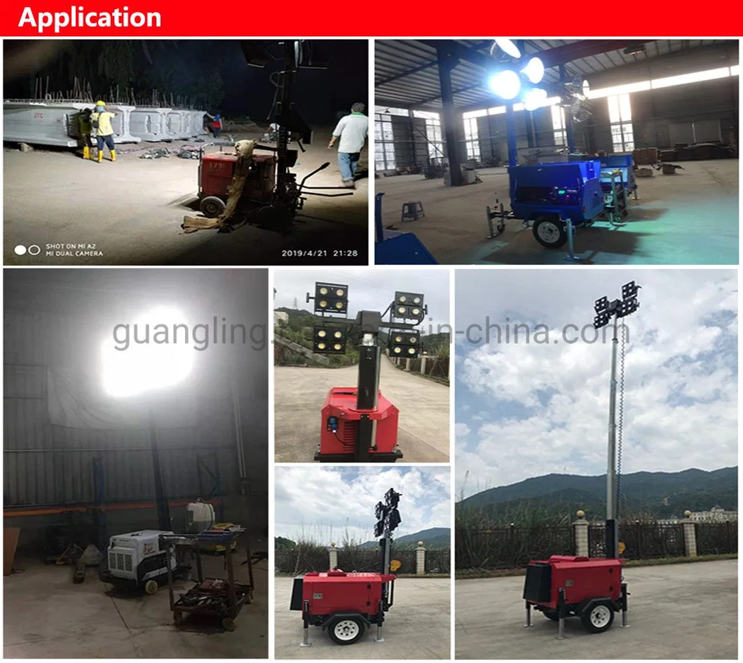 5m 7m 9m 5kw 6kw 8kw 10kw 4X400W 4X1000W Metal Mast LED Lighting Mobile Light Tower