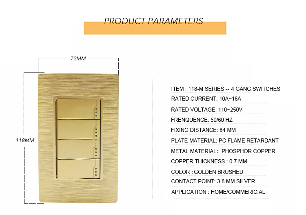 110V-250V Gold Panel Cover 4 Gang 1way/2way Lights Control Wall Switch
