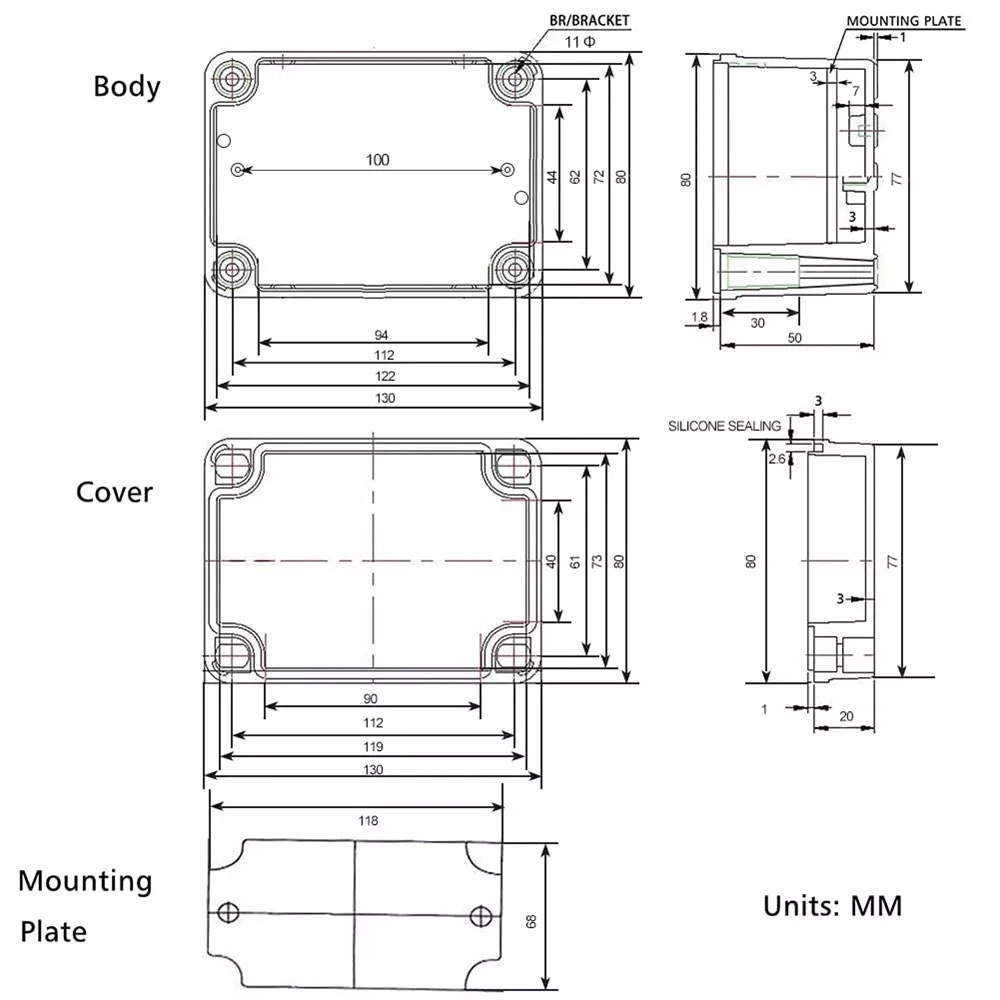 Outdoor 100X100X70mm IP65 Plastic Waterproof Junction Box ABS PC Electrical Box Wall Mount Enclosure Box with Rubber Plug