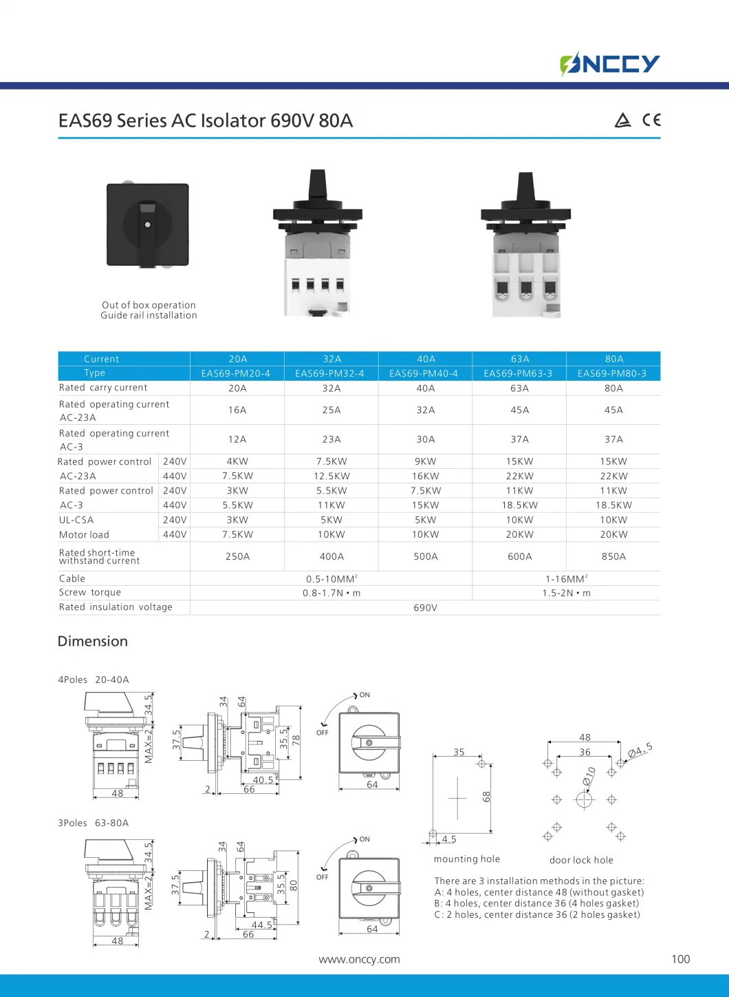 Onccy Quality AC 415V 690V 63A 80A Waterproof Isolator Switch