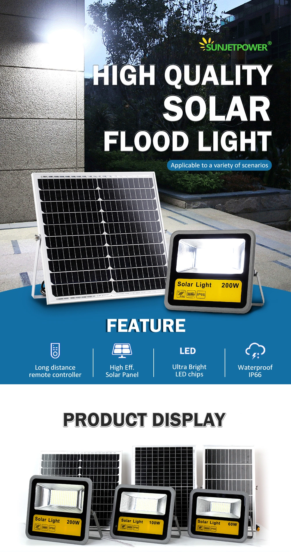 Solar Panel with Remote Control Outdoor Light Waterproof IP66 100W Solar Flood Light