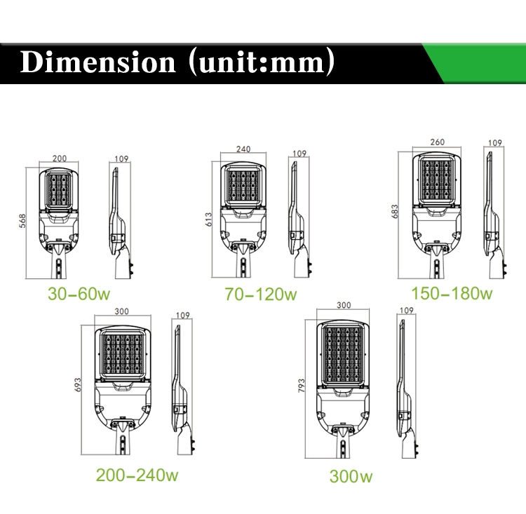 LED Street Light Area Lighting 24W 40W 60W 100W 200W 240W Class Ll Driver Street Light for Road 5 Years Warranty