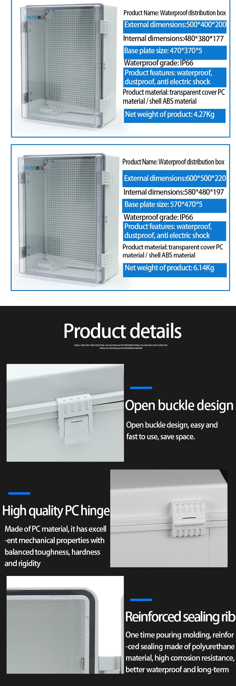 500*600*220mm Outdoor Resistant Large ABS Buckle Hinged IP67 Waterproof Deep Wall Mounted Electrical Solid Square Junction Box Switching Power Supply Box