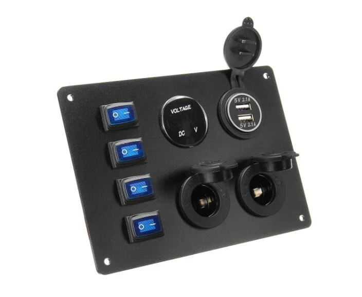 Share &amp; Get Points: 4 Switch Ship Yacht RV LED Display Voltage and Dual 2.1 a USB Charging Car Switch Panel - Blue