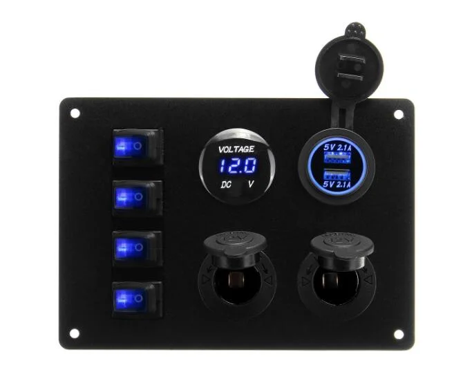 Share &amp; Get Points: 4 Switch Ship Yacht RV LED Display Voltage and Dual 2.1 a USB Charging Car Switch Panel - Blue