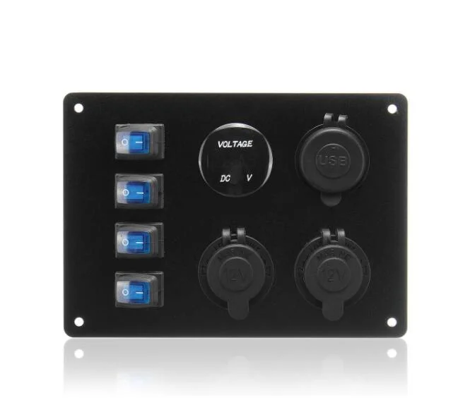 Share &amp; Get Points: 4 Switch Ship Yacht RV LED Display Voltage and Dual 2.1 a USB Charging Car Switch Panel - Blue