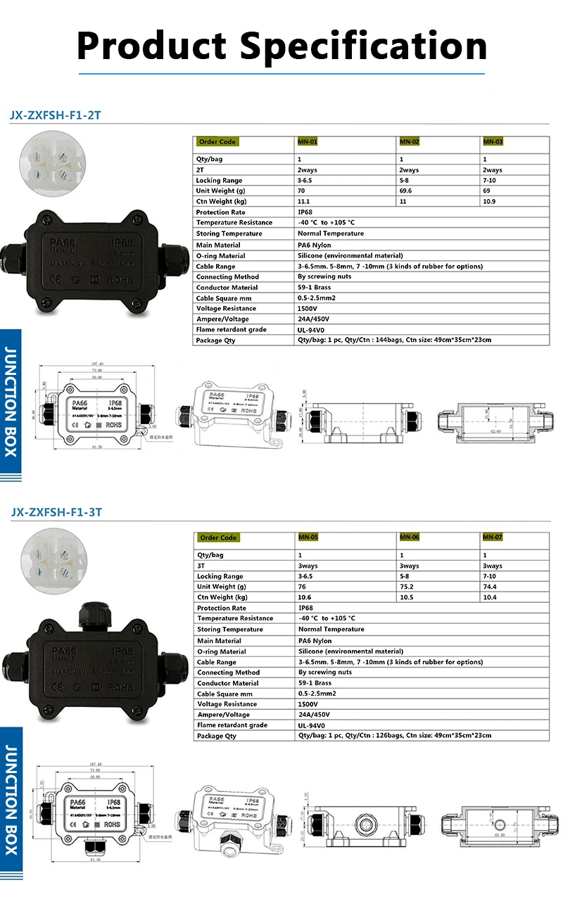 Outdoor Lighting Underwater Electrical Cable 2 Way IP68 Black Different Way IP68 Weatherproof Junction Box 3-6.5