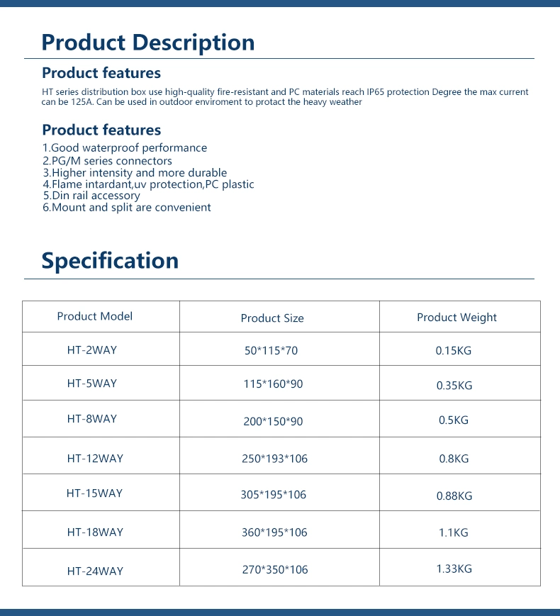 Outdoor IP65 Waterproof, Dustproof Ht 2 4 8 12 18 24 36 Way Electrical Power Distribution Box