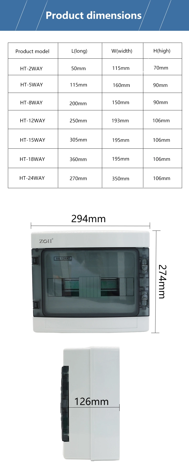 Outdoor IP65 Waterproof, Dustproof Ht 2 4 8 12 18 24 36 Way Electrical Power Distribution Box