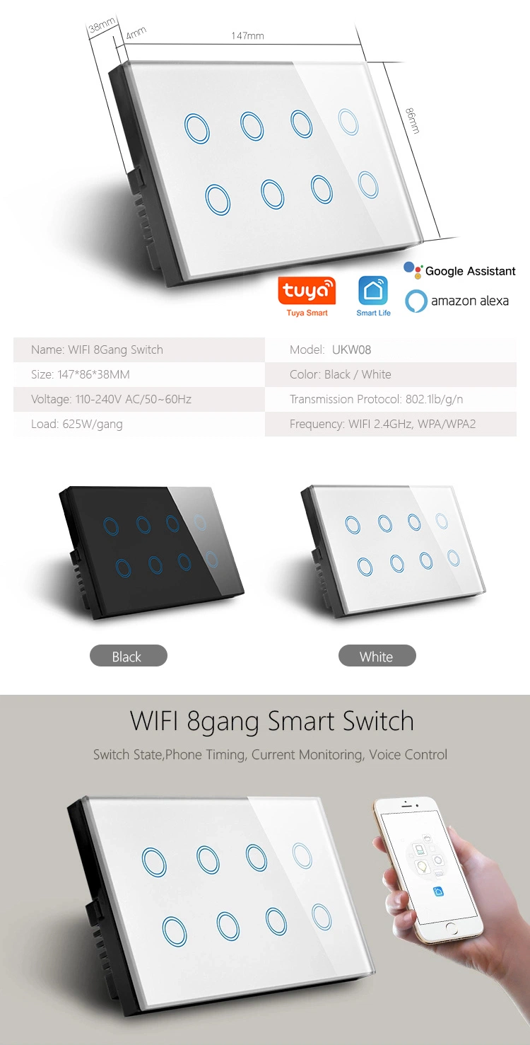 2024 UK Us 1/2/3/4/6/8 Gang Tuya Smart Home Remote Control Glass Touch Panel Wireless Wi-Fi Zigbee Smart Switch Touch Switch