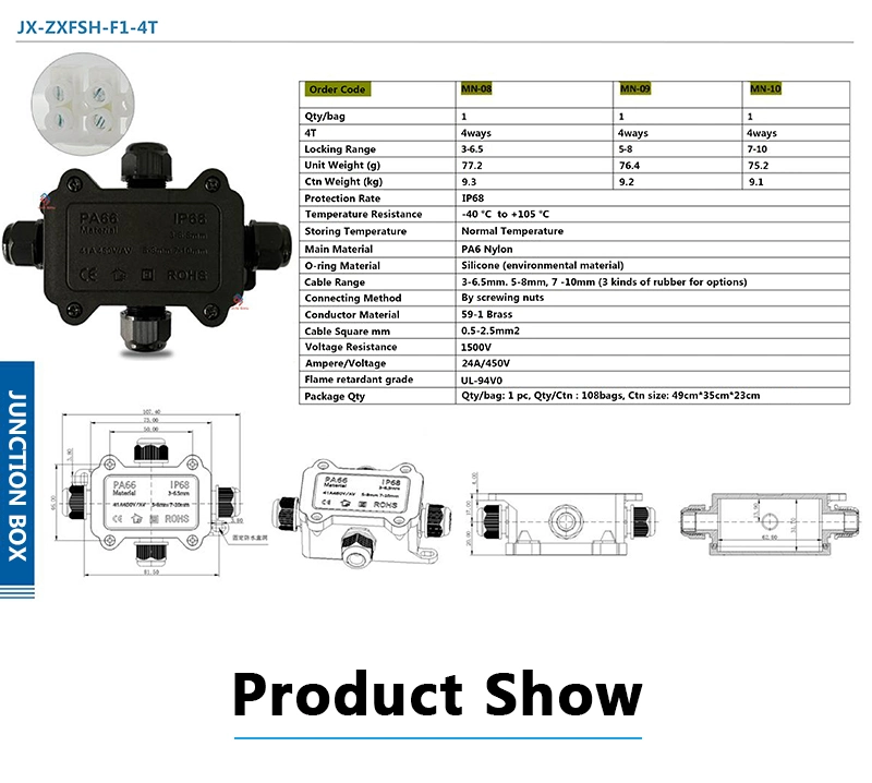 Outdoor Lighting Underwater Electrical Cable 2 Way IP68 Black Different Way IP68 Weatherproof Junction Box 3-6.5