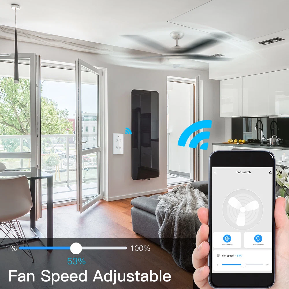 New Touch Panel Smart Fan Light Switch Tuya APP Remote Speed Control Voice WiFi Ceiling Fan Light Wall Switch