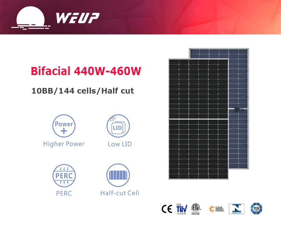 Photovoltaic Solar Panel Mono Bifacial 440W 445W 450W 455W 460W Perc 144 Cells for Houses