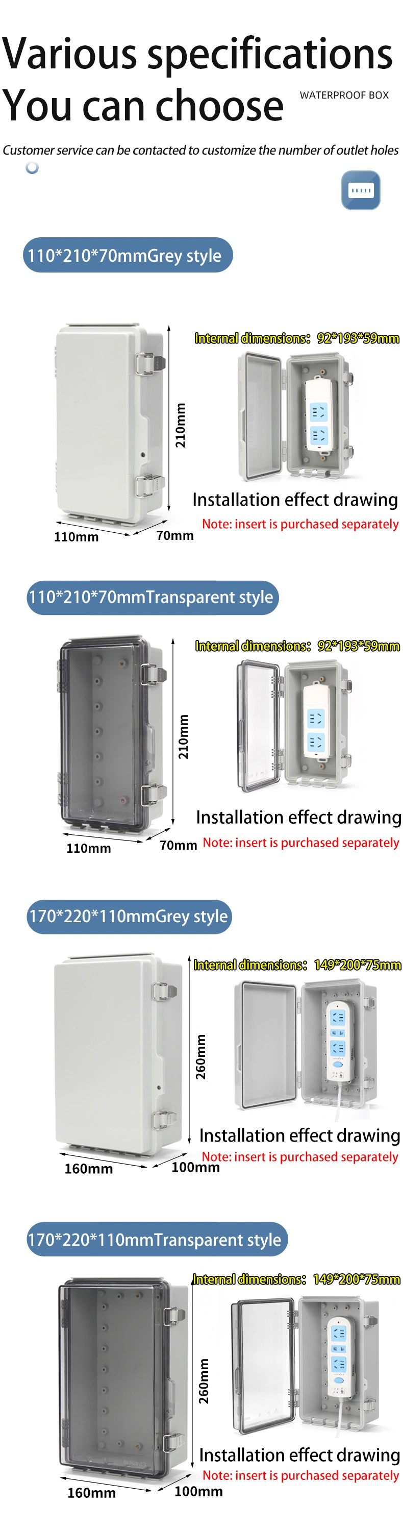 Weatherproof Connection Box Wall-Mounted Outdoor Electrical Power Cord Enclosure for Extension Cables, Power Strips Switching Power Supply Box