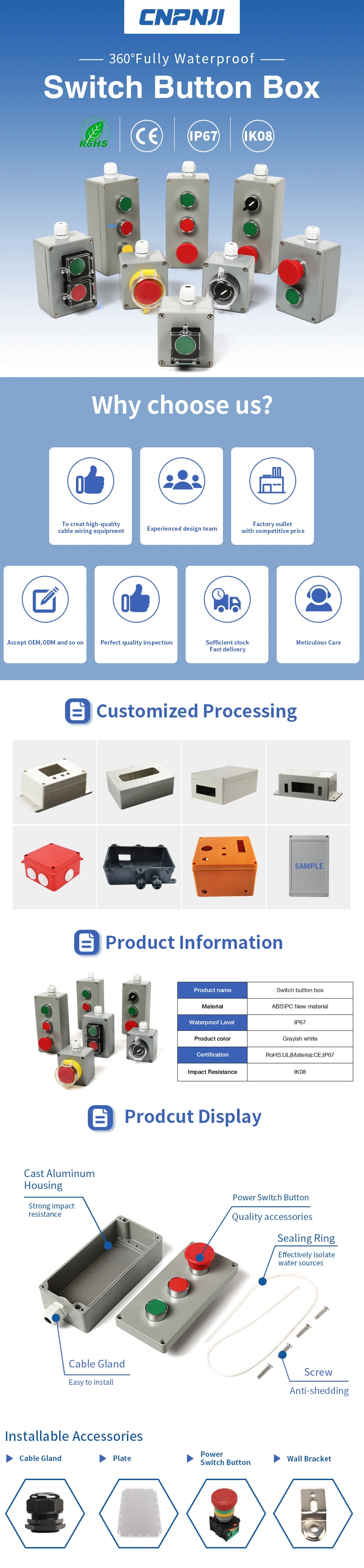 Customizable Push Button with Metal Cast Aluminum Control Box Waterproof Start Stop Switch Thickened Housing