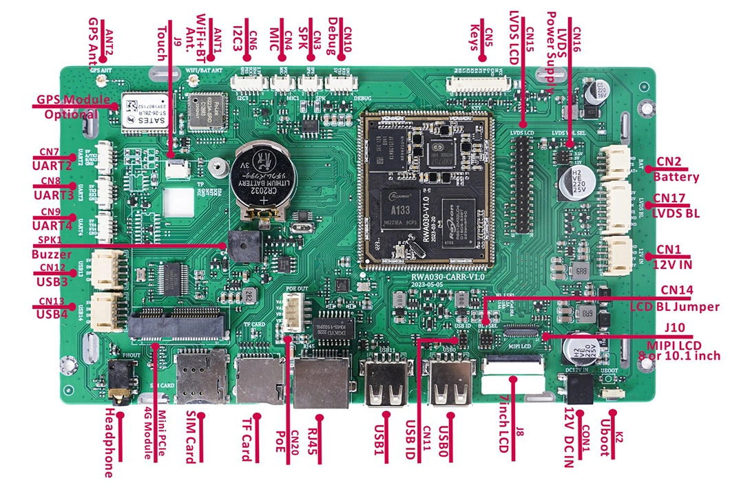 7 Inch Quad-Core Cortex-A53 Architecture Processor 1.5GHz A133 Motherboard Touch Panel for Industrial Control Equipment