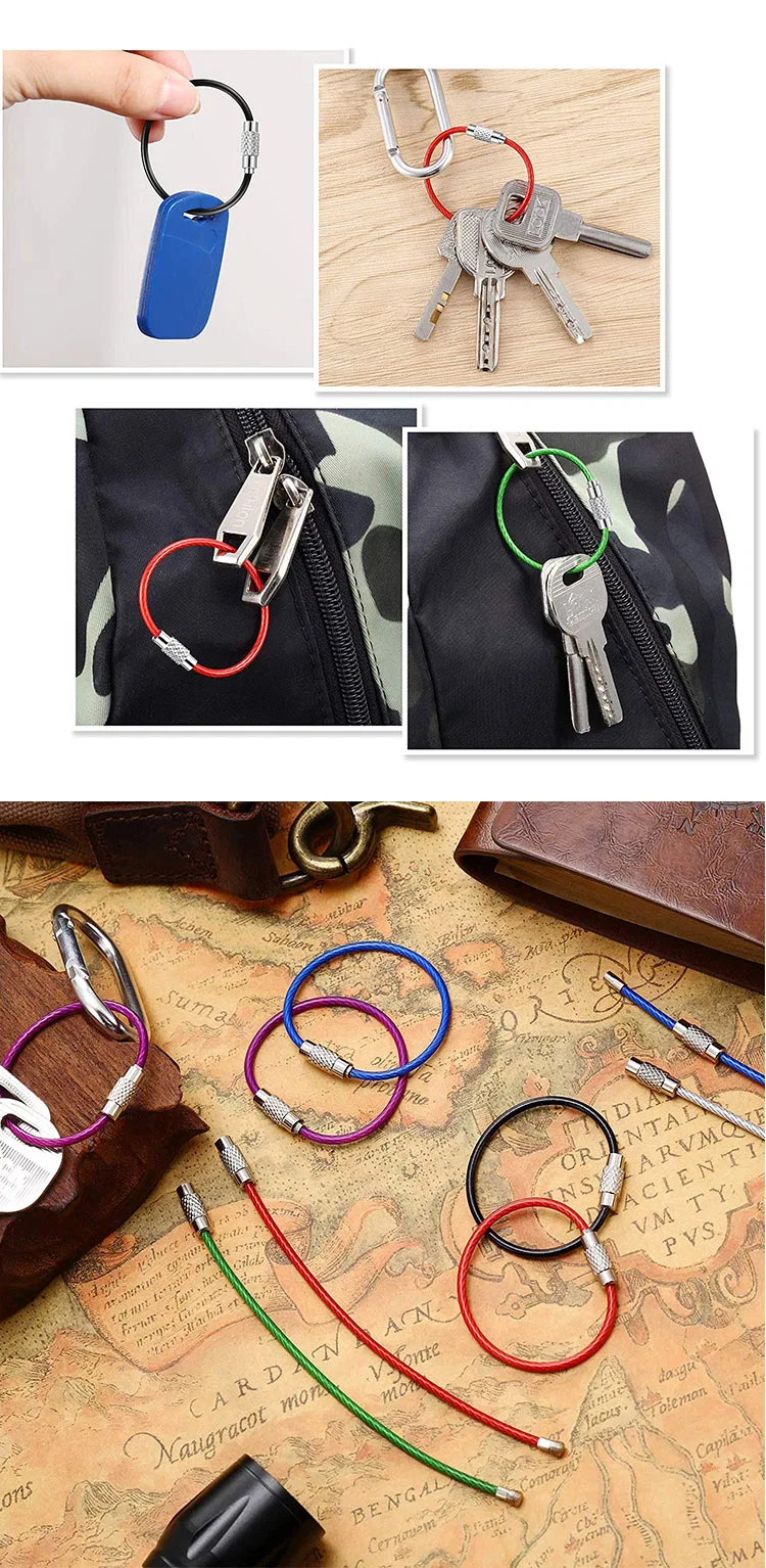Blue Green Red Black 150mm Stainless Steel Rope Wire Cable Key Ring Loop
