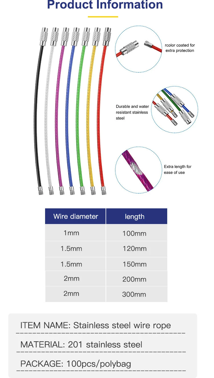 Colourful Plastic Coated Stainless Steel Wire Rope Key Chains Keyrings