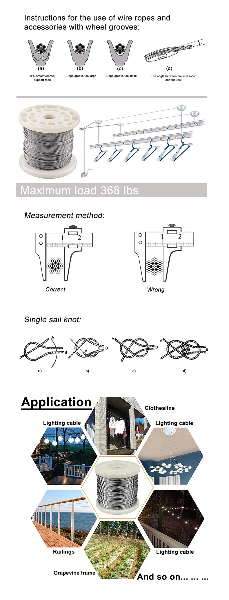 Stainless Steel Wire Rope, 7X7 Vinyl Coated 1/16&quot; Diameter 368 Lbs Breaking Strength for 304 Stainless Steel Wire Rope