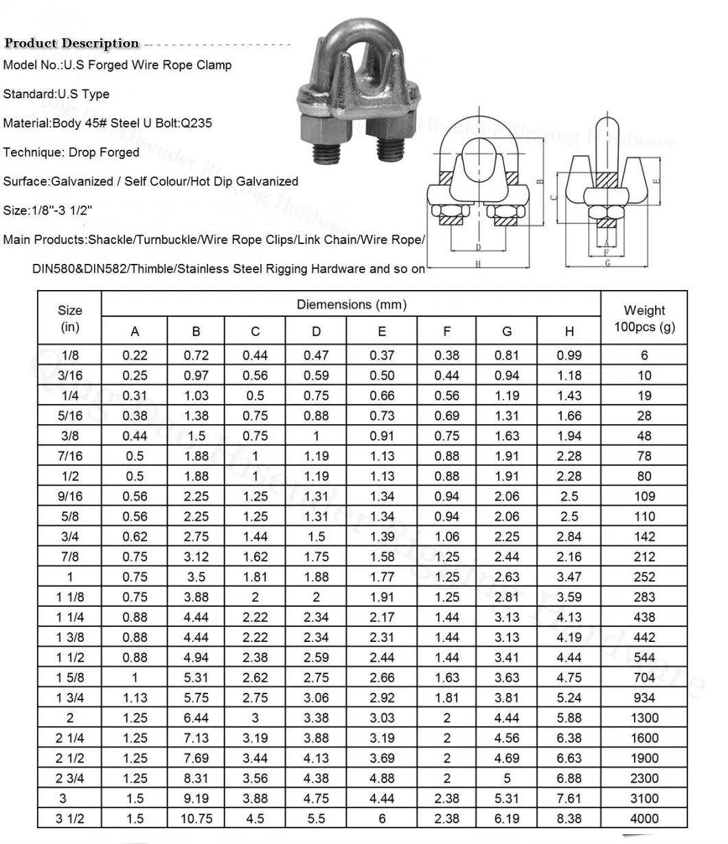 Marine Hardware Cable Fittings Stainless Steel U. S Type Wire Rope Clips for Lifting