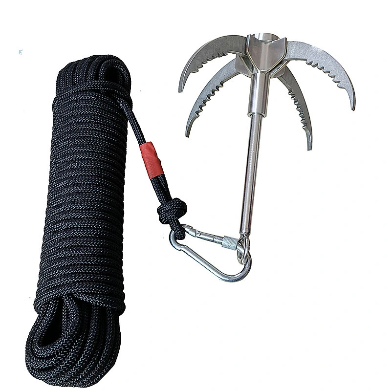 Yuemai Foldable 4 Claws Stainless Steel Climbing Grappling Hook with 65FT 8mm Auxiliary Rope Carabiner for Outdoor Activities