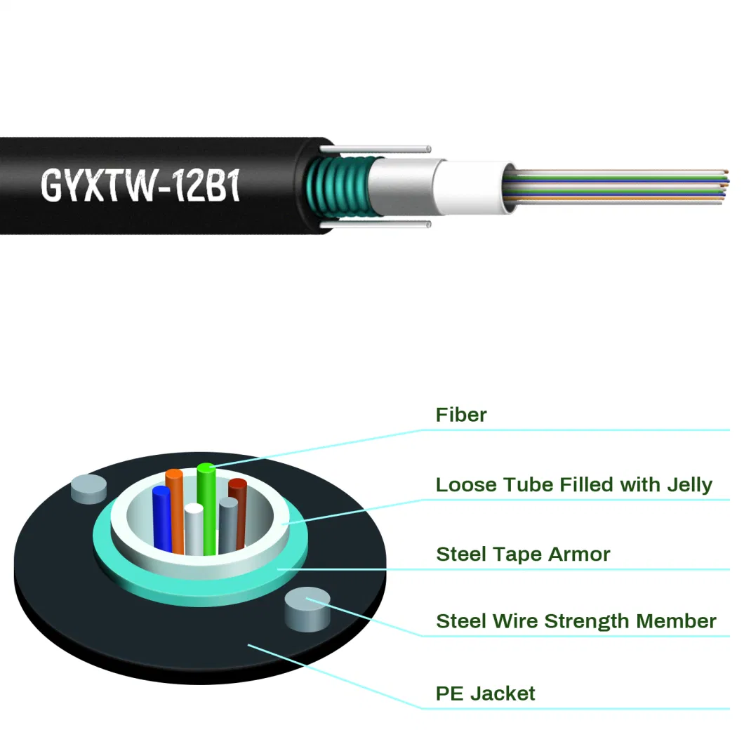 Manufacturer Sdgi Outdoor Overhead Steel Tape 12core 24core G652D Armored Fiber Optic Cable 1km Drum GYXTW Fibre Cable