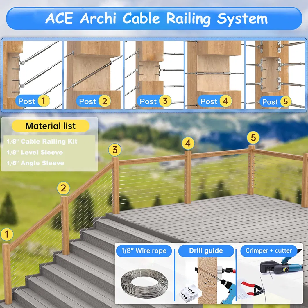 Ace 304 316 Stainless Steel Deck Cable Railing Wire Rope Fittings