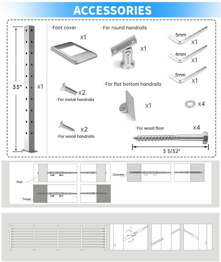 Metal Stair Railing Baluster System Rope Stainless Steel Cable Railing