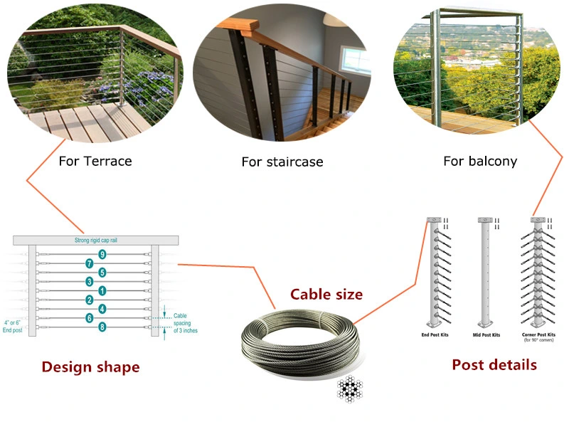 Exterior Deck Wire Cable Railing Vertical Stainless Steel Rope Railing